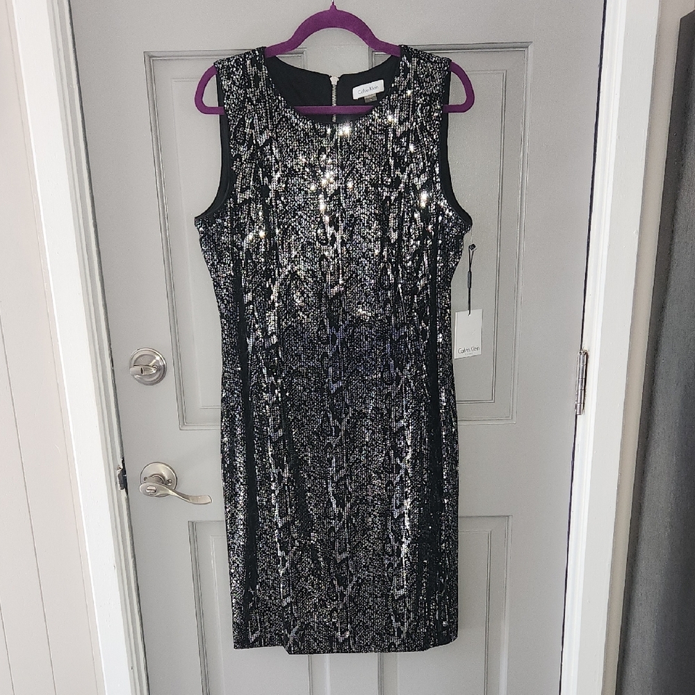 Calvin Klein Black & Silver Sequin "Snakeskin" Pattern Mini Dress Sz. 14